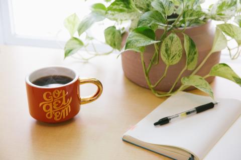 Plant, cup of coffee and notepad on a table