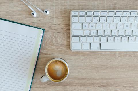 keyboard, notebook, coffee